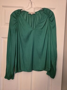 LOFT Emerald Green V-Neck Gathered Sleeve Blouse